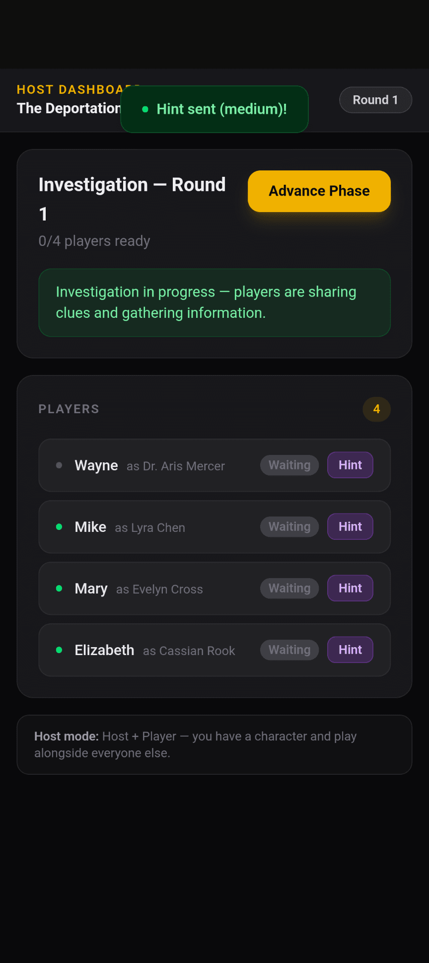 Murder mystery host dashboard — host controls showing all players, investigation round progress, and hint buttons