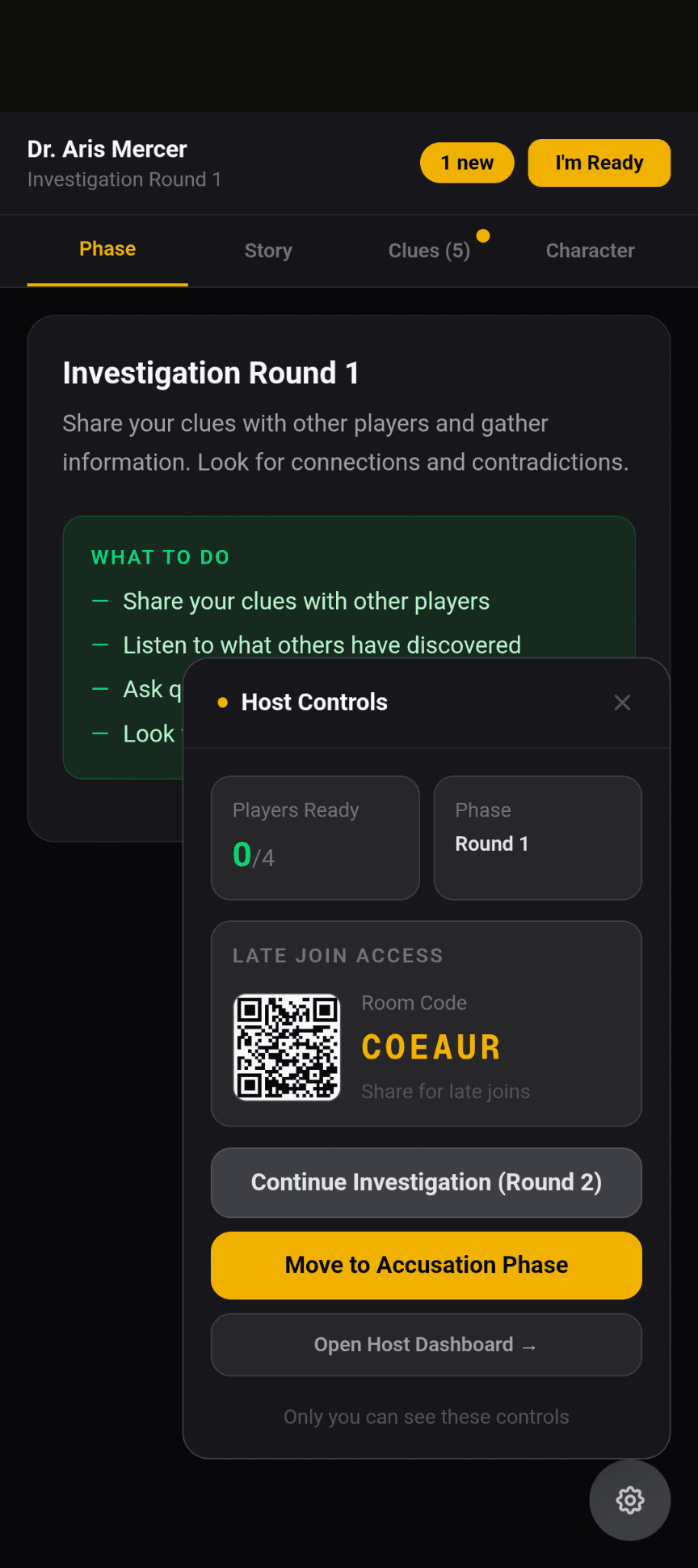 MysteryPartyNow host and player game screens