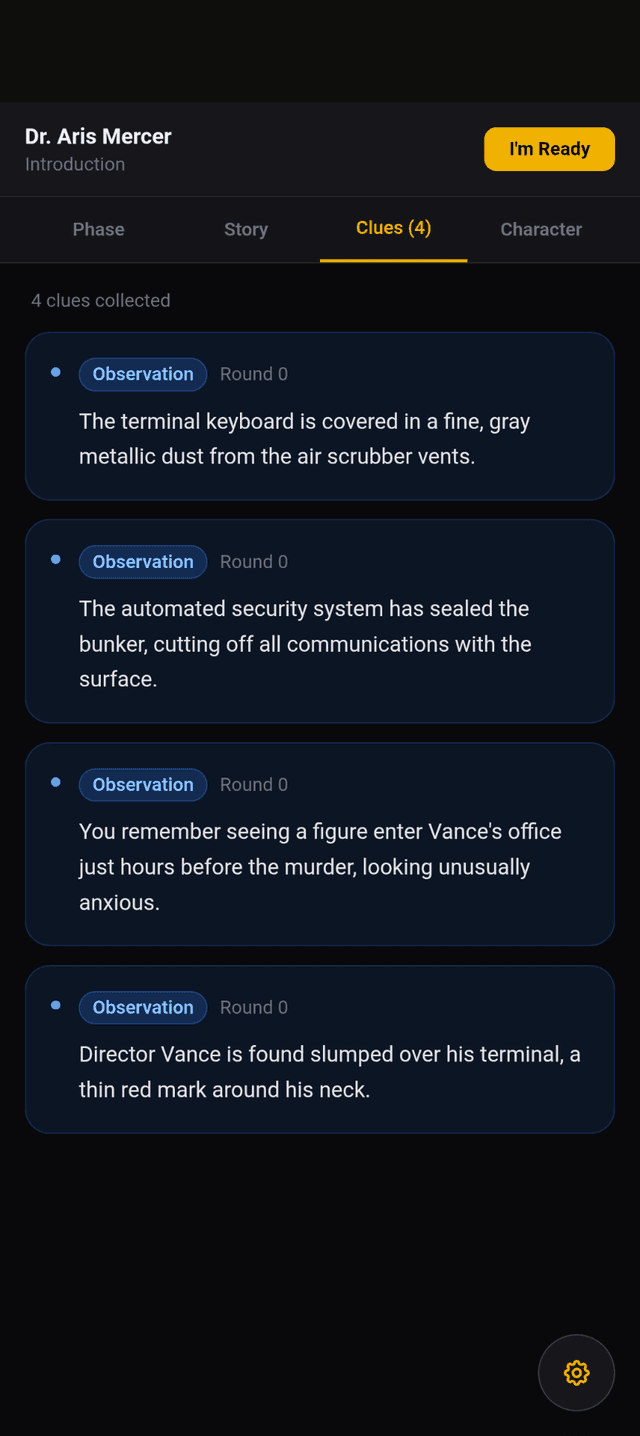 Murder mystery party game — private clue screen on player's phone showing AI-generated investigation clues